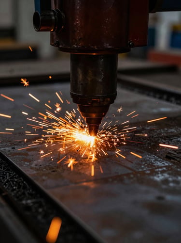High-contrast industrial photo of a fiber laser cutting head slicing sheet metal, bright orange sparks showering down, dark workshop background