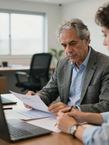 A strategic one-on-one climate transition mentoring session between a senior expert and a corporate leader in a brightly-lit office in Brazil, focusing on decarbonization spreadsheets.