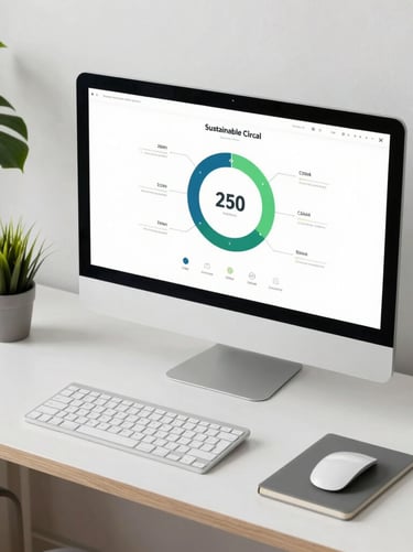 A modern, minimalist workspace desktop overhead shot with plant elements and a device screen showing sustainable circular materials metrics, clean and bright aesthetics.