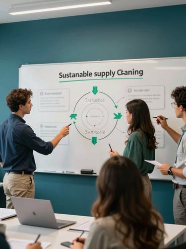 A professional, interactive corporate climate workshop in South American / Brazilian workspace, with participants actively collaborating on sustainable supply chain strategies on clean boards. Deep teal and white modern aesthetic, crisp office lighting.