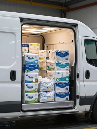 Side view of a refrigerated delivery vehicle with its cargo door open, showing stacked dairy and frozen goods cartons inside under cool interior lighting, parked in a warehouse loading bay