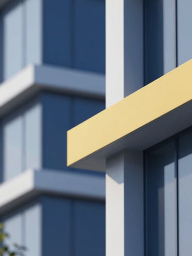 A modern architectural element showcasing forward-thinking design, with clean lines, glass textures, and a professional aesthetic. Incorporate colors #0A1128, #1E3F66, #E2B941, and #F5F8FA.