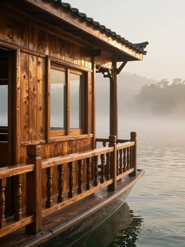 Intimate close-up of a hand-carved cedar houseboat balcony overlooking misty waters, warm morning light, rich wood textures