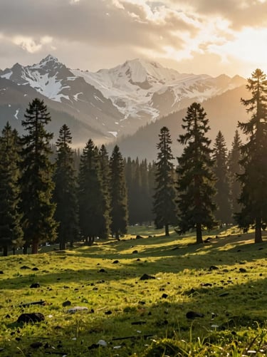 Vast green meadow in Gulmarg surrounded by towering pine trees and distant glaciers under dramatic high-altitude sunlight