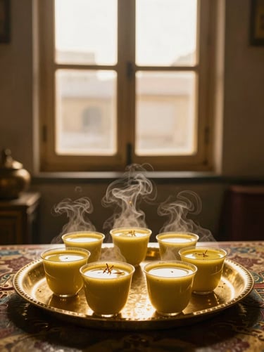 Steaming cups of saffron Kahwa served on a brass tray inside a heritage Kashmiri home, soft window light, warm gold tones