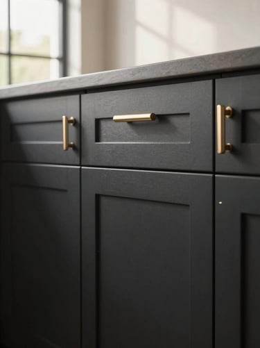 A pristine, matte black kitchen cabinet with a flawless, grain-free factory-smooth spray finish, modern champagne gold hardware, warm morning light