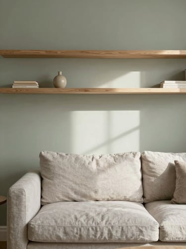 Minimalist Scandinavian living room with soft sage walls, light oak shelving, linen sofa under diffused north-facing daylight, 35mm