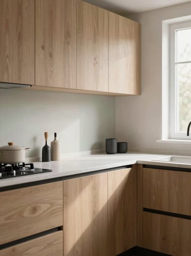 Bright Scandinavian kitchen with flat-panel light oak cabinets, white stone countertops, soft diffused morning light, matte black fixtures, 35mm