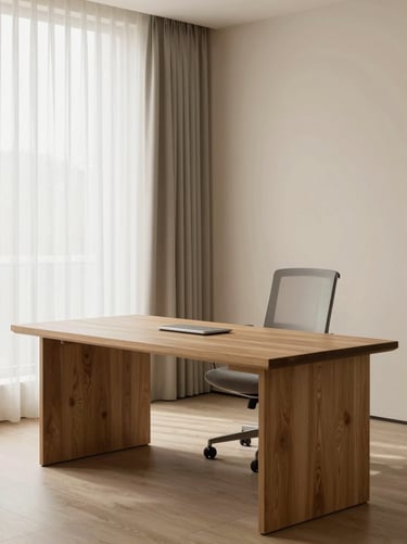 Modern minimalist home office with a large oak desk, ergonomic chair, large window with soft sheer curtains, light beige walls, 35mm