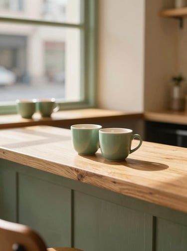 Boutique cafe interior with warm wood counters, matte ceramic cups, sage green accents, soft golden hour window light, 35mm