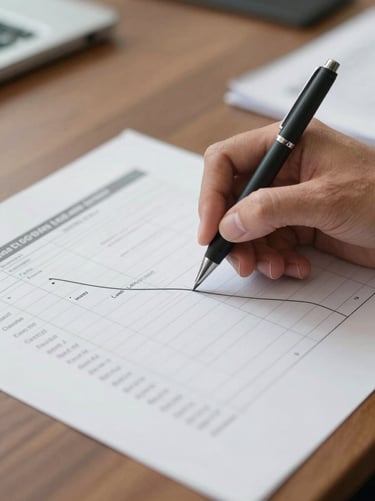 Close-up of a hand annotating a printed cash-flow chart on a conference table, pen tip on a specific line item, clean overhead task lighting, crisp and direct