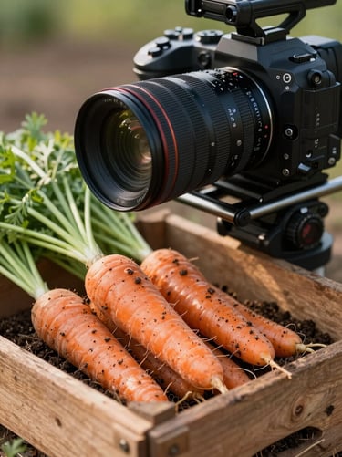 Close-up of a professional camera rig positioned over a rustic wooden crate filled with soil-dusted organic carrots, warm natural morning light.