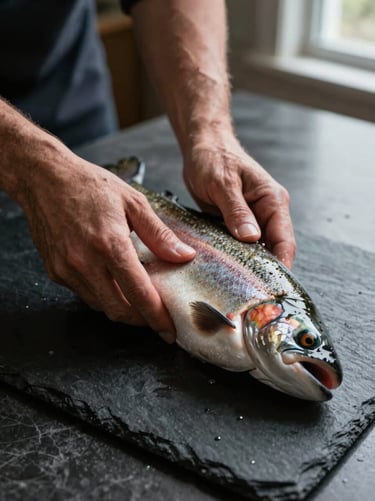 Tactile macro shot of hands prepping a raw heritage trout on a dark slate counter, low-key directional window light.
