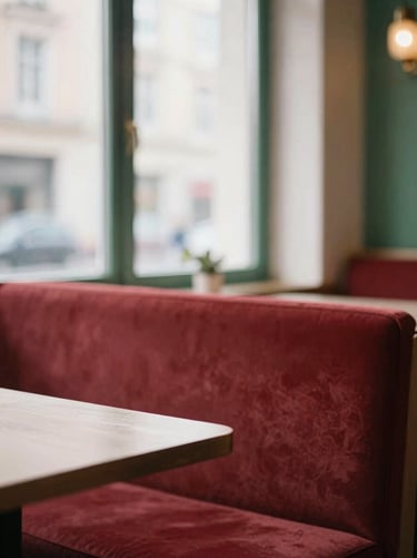 Cozy Scandinavian restaurant interior, soft natural window light, rich crimson tones, shallow depth of field, 35mm