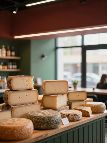 Modern food hall interior, overhead shot of artisanal cheese counter, warm ambient glow, soft natural light, shallow depth of field, 35mm