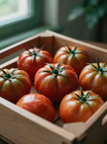 Close-up of raw heirloom tomatoes in a wooden crate, soft side-lighting, rich forest green tones, shallow depth of field, 35mm