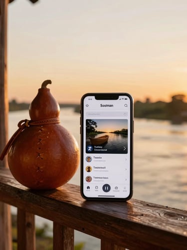 A high-quality lifestyle photograph taken in the South American Argentine Litoral during late afternoon. A modern smartphone displaying a radio streaming application stands next to a traditional leather-wrapped matte gourd on a rustic wooden balcony overlooking a golden river. Warm earth tones of deep terracotta and golden amber, cinematic lighting.