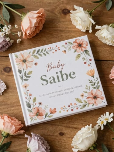 Overhead flat-lay of a floral-themed baby shower game book on a wooden table surrounded by delicate pastel flowers, soft morning light.