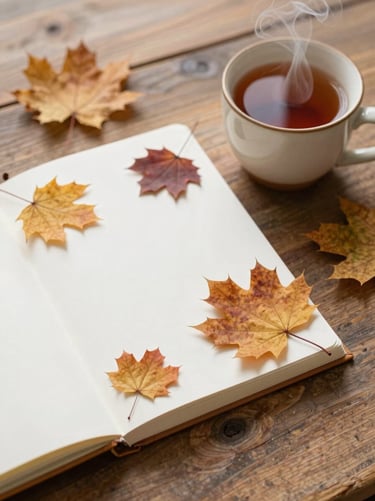 A styled flat-lay of a cozy autumn-themed activity book next to a steaming ceramic mug of tea on a rustic wooden surface.