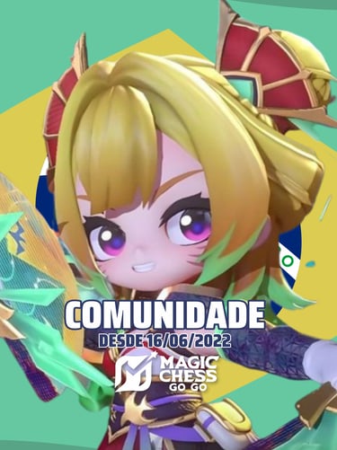 Logotipo temático da Comunidade Brasileira de Magic Chess Go Go com a comandante Wanwan