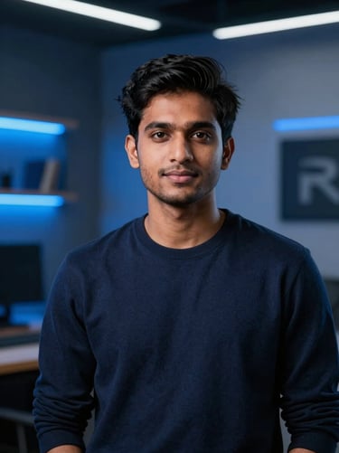 A professional portrait of a young Indian male creative director, modern design studio background, blue ambient lighting, sharp focus, 35mm lens