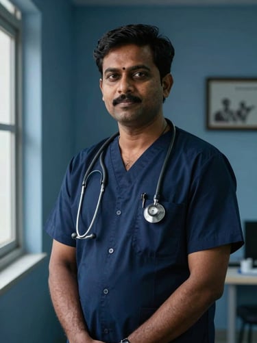 A professional portrait of an Indian healthcare clinic director in Coimbatore, natural window light