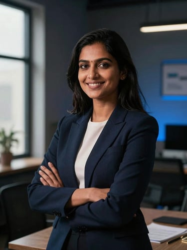 A professional portrait of an Indian female marketing strategist, smiling confidently, creative agency workspace, warm dramatic window lighting, 35mm lens