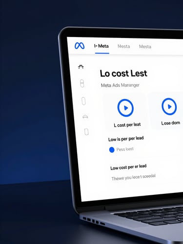 A clean UI mockup of a Meta Ads manager dashboard showing low cost-per-lead metrics, cool blue ambient lighting