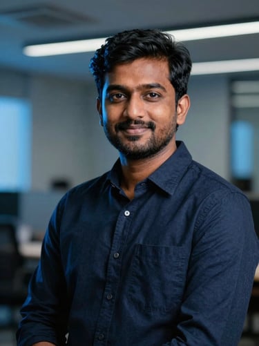 A professional headshot of a South Indian tech lead, confident expression, modern office background, soft blue rim light, 35mm lens