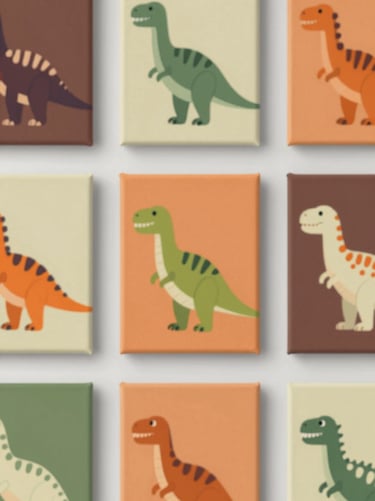 A collection of small canvases arranged on a wall, each featuring a different dinosaur in a bright pop-art style using the brand palette of #1F3A4B, #D87D51, and #C6B29B.
