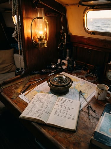Gritty 35mm film photograph of a messy navigation table inside a sailboat cabin, a hand-written paper logbook open beside a brass compass, warm golden-hour oil lamp light casting long soft shadows.