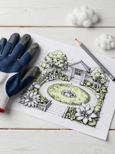 A professional architectural sketch of the garden layout lying on a Cloud White wooden surface, paired with a pair of Muted Navy gardening gloves and a Silver Grey pencil. North American / US collegiate setting.