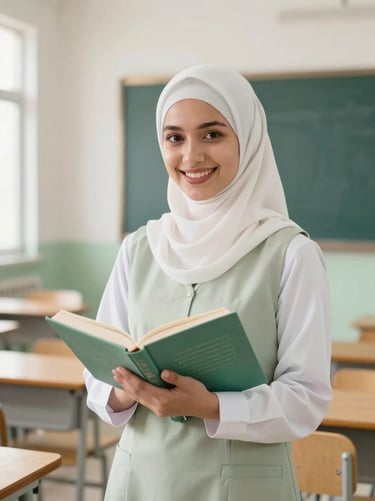 A smiling female Islamic teacher in a clean uniform and hijab holding a book in a modern classroom.