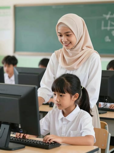 A smiling young female teacher in a hijab guiding a student in a computer lab.