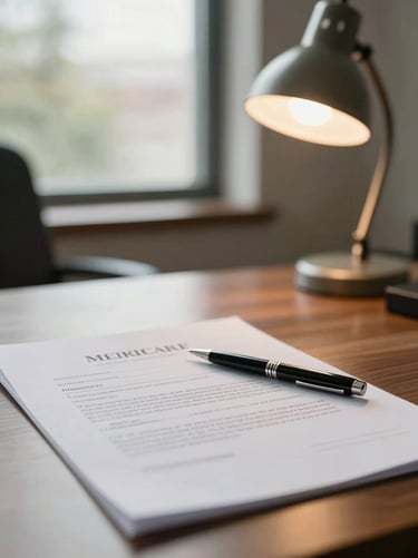 Close-up of a loan officer's desk in a sunlit office: a signed mortgage document in the foreground, a pen resting across it, a blurred window with natural light behind, warm tungsten desk lamp visible to the right
