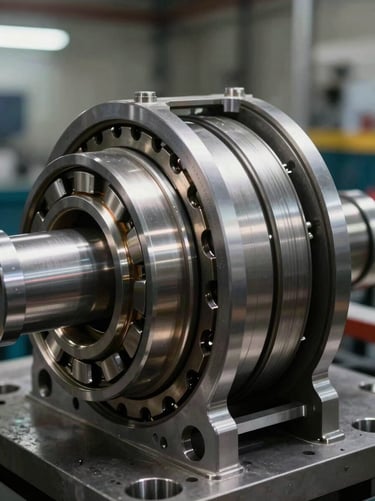 Close-up of a turbine bearing housing cross-section on an industrial workbench, studio lighting revealing precision-machined bearing races, labyrinth seal grooves and oil feed channels, polished steel surfaces under direct overhead light