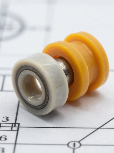 Macro close-up of a silicon carbide seal face and PTFE secondary seal components laid on a technical blueprint drawing, bright studio lighting revealing ceramic surface grain and chemical-resistant elastomer profile, crisp detail on material edges