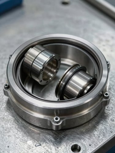Overhead macro shot of a dual mechanical seal cartridge on a steel workbench, bright industrial daylight illuminating the precision-ground seal faces, O-ring grooves, and gland plate bolt pattern, metallic surface textures sharp and detailed