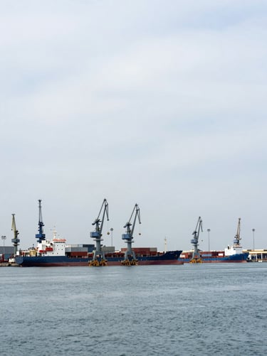 Wide panoramic shot of a commercial port facility at the Gulf, cranes and berthed vessels visible across the left two-thirds, overcast diffused daylight, flat even exposure, no people