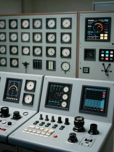 Close overhead view of a control room console with instrumentation panels and technical readouts, cool flat studio lighting, no personnel, precision and complexity foregrounded