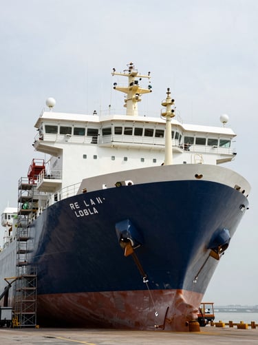 Wide environmental shot of a large commercial vessel in dry dock, scaffolding and hull plating visible, overcast flat daylight, no crew in foreground, scale and industrial precision dominant