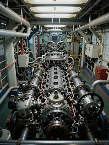 Wide overhead view of a vessel's main engine room, pipes and machinery in precise industrial order, overcast cool light from deck hatches, no personnel visible, framing emphasises mechanical complexity and scale
