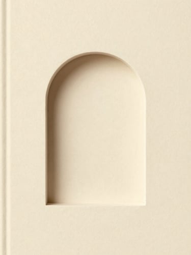 A minimalist book cover showing a simple stone arch, soft shadows, warm ivory paper texture, aspect portrait