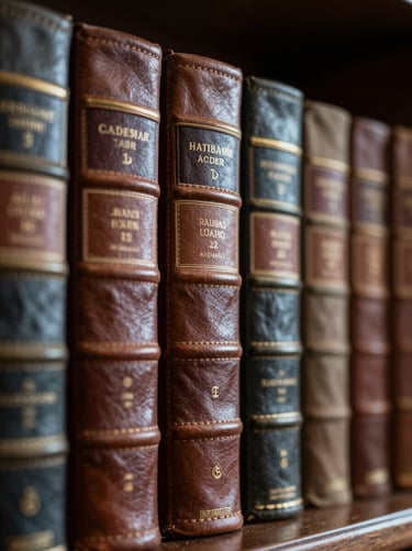 A close-up of leather-bound legal volumes in a private library, dramatic side-lighting, cool ambient tones, shallow depth of field.