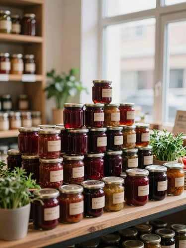 A modern artisanal food market hall with neatly stacked jars of preserves and fresh herbs