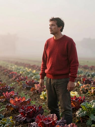 An organic vegetable farmer in a woolen sweater standing in a misty field at dawn