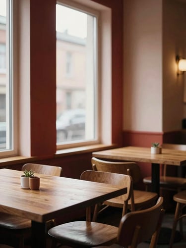 Cozy Scandinavian-style restaurant interior with warm window light, wooden tables, and minimalist design