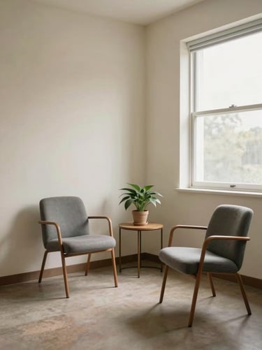 Wide-angle view of a calm, softly lit counseling office interior, an open window with diffused natural daylight on the right third, two chairs angled toward each other in the foreground, a small potted plant on a side table, warm off-white walls, quiet and unhurried