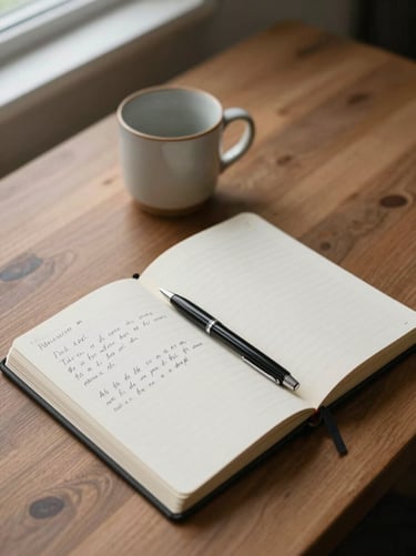 Quiet overhead shot of a notebook open on a wooden desk beside a small ceramic mug, soft diffused window light from the upper left, a pen resting on an open page with handwritten notes, calm and considered, minimal surface details