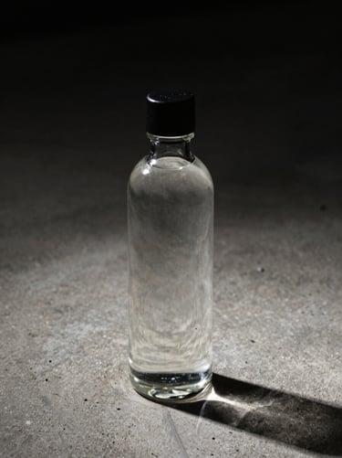 High-contrast product close-up with harsh direct flash and deep shadows, modern minimalist glass bottle on a raw concrete surface, off-center crop.